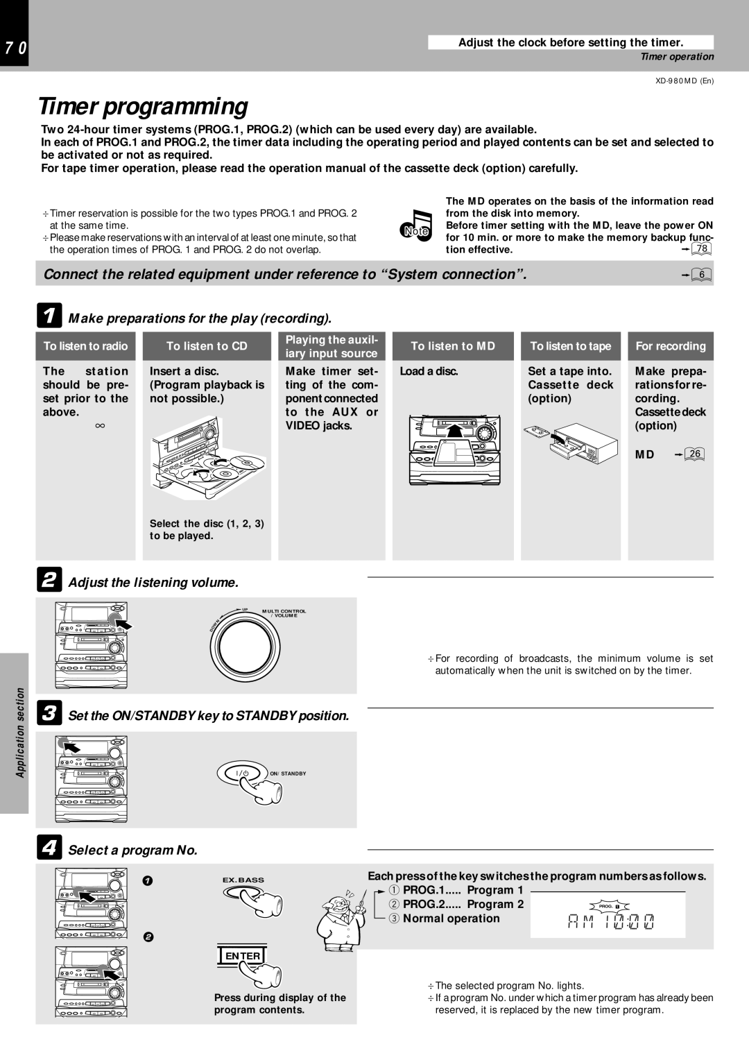 Kenwood XD-980MD Timer programming, Make preparations for the play recording, Set the ON/STANDBY key to Standby position 