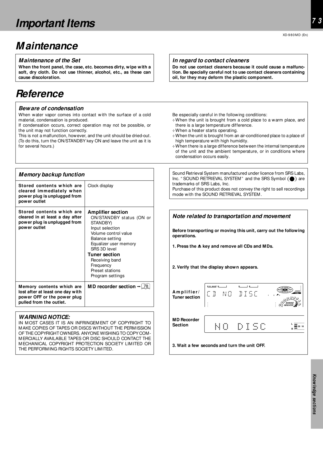 Kenwood XD-980MD instruction manual Important Items, Maintenance, Reference 