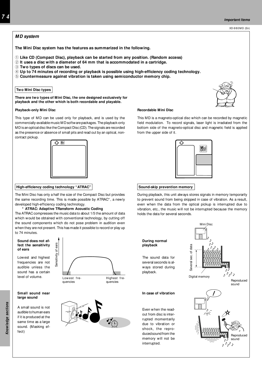 Kenwood XD-980MD instruction manual MD system, Important Items 