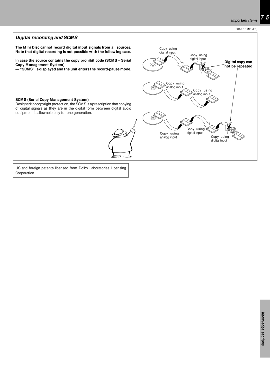 Kenwood XD-980MD instruction manual Digital recording and Scms 