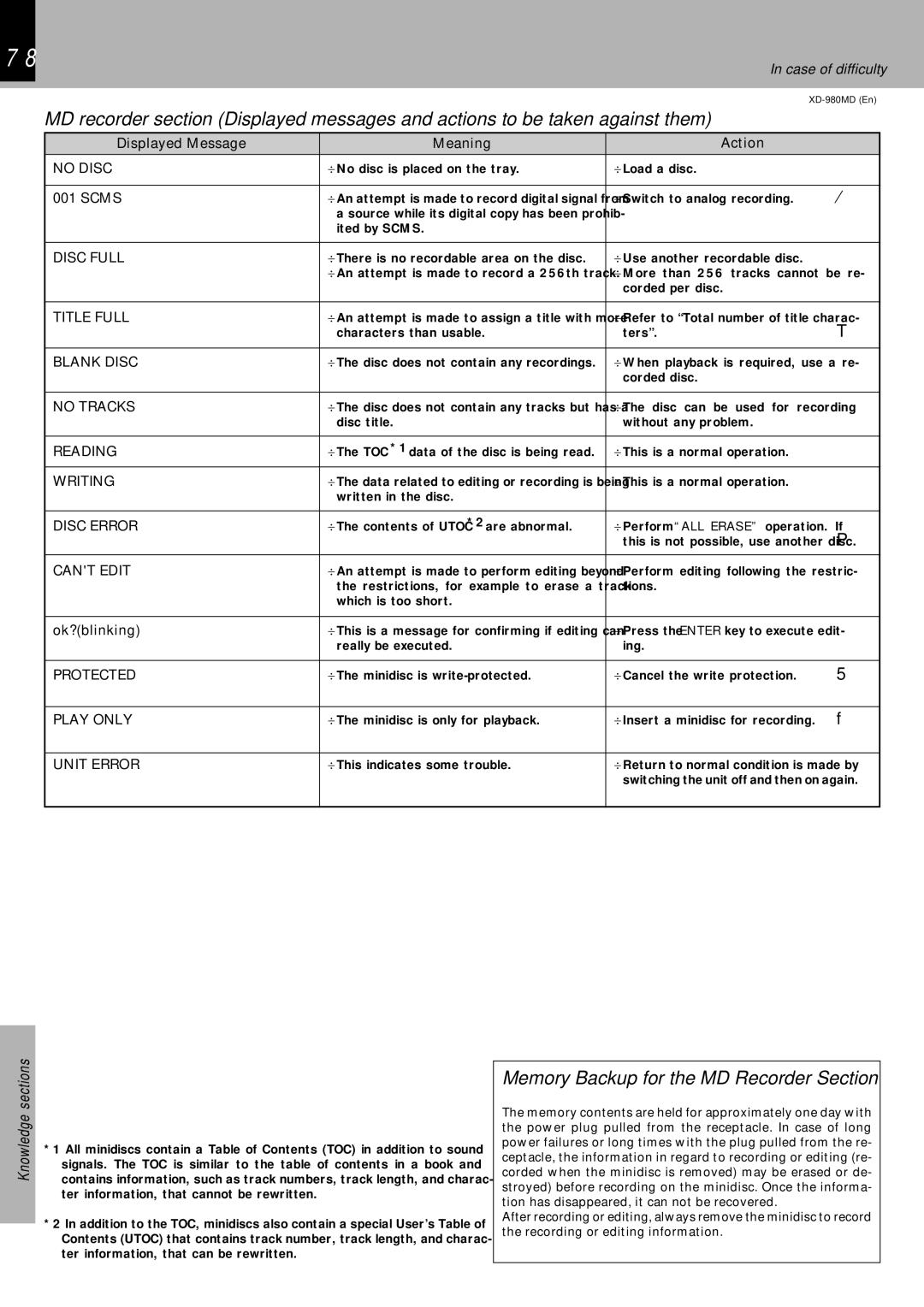 Kenwood XD-980MD instruction manual Memory Backup for the MD Recorder Section 