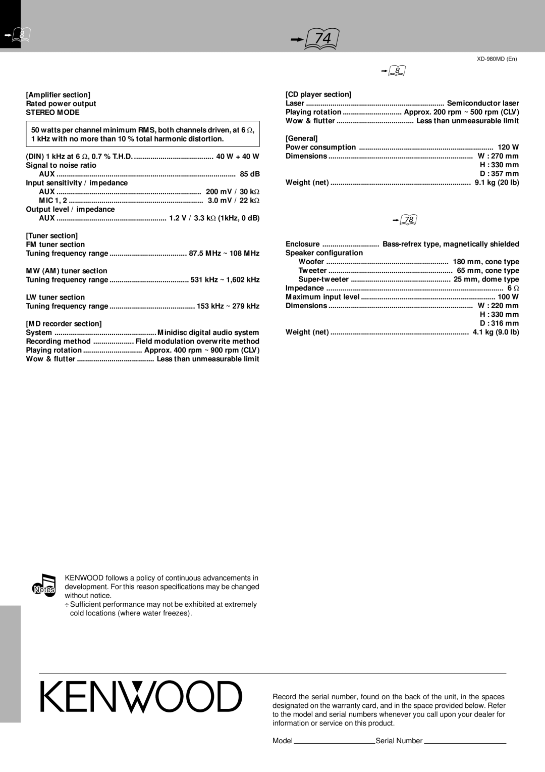 Kenwood instruction manual Specifications, Main unit RXD-980MD, For your records, Speakers LS-N750 