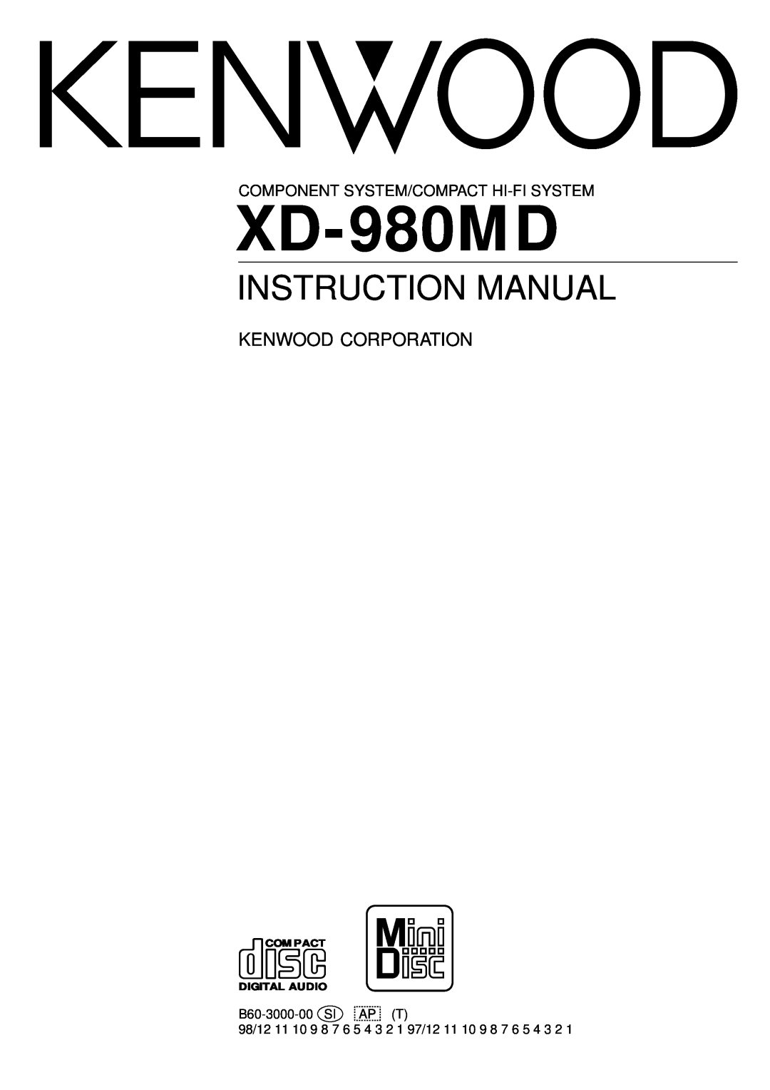 Kenwood XD-980MD instruction manual Instruction Manual, Kenwood Corporation, Component System/Compact Hi-Fisystem 