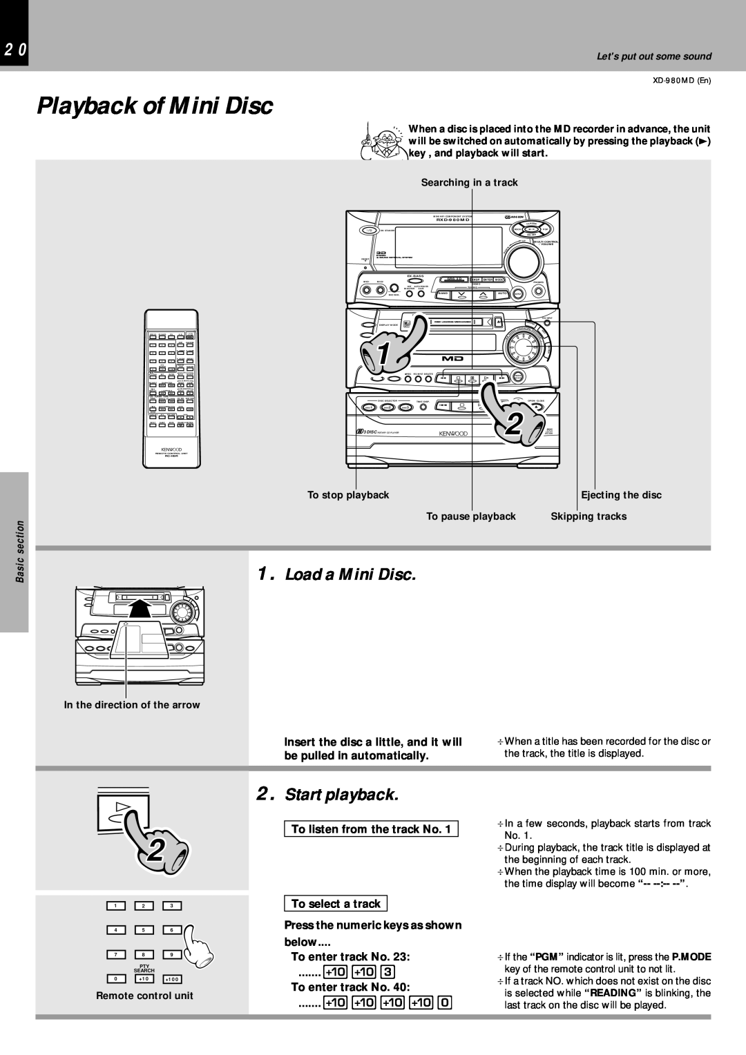 Kenwood XD-980MD instruction manual Playback of Mini Disc, Load a Mini Disc, Start playback 