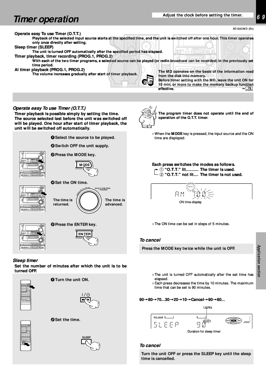 Kenwood XD-980MD instruction manual Timer operation, s L E E P, Operate easy To use Timer O.T.T, Sleep timer, To cancel 