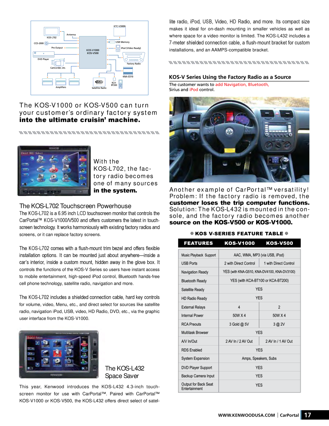 Kenwood XR-S17P manual KOS-L702 Touchscreen Powerhouse, KOS-L432 Space Saver 