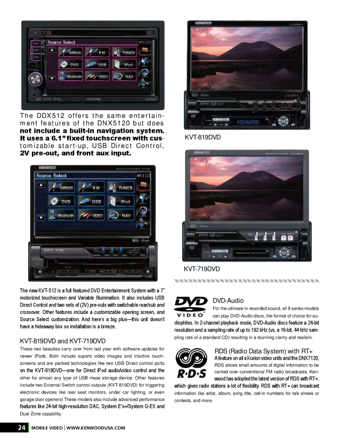 Kenwood XR-S17P manual KVT-819DVD and KVT-719DVD, DVD-Audio, RDS Radio Data System with RT+ 