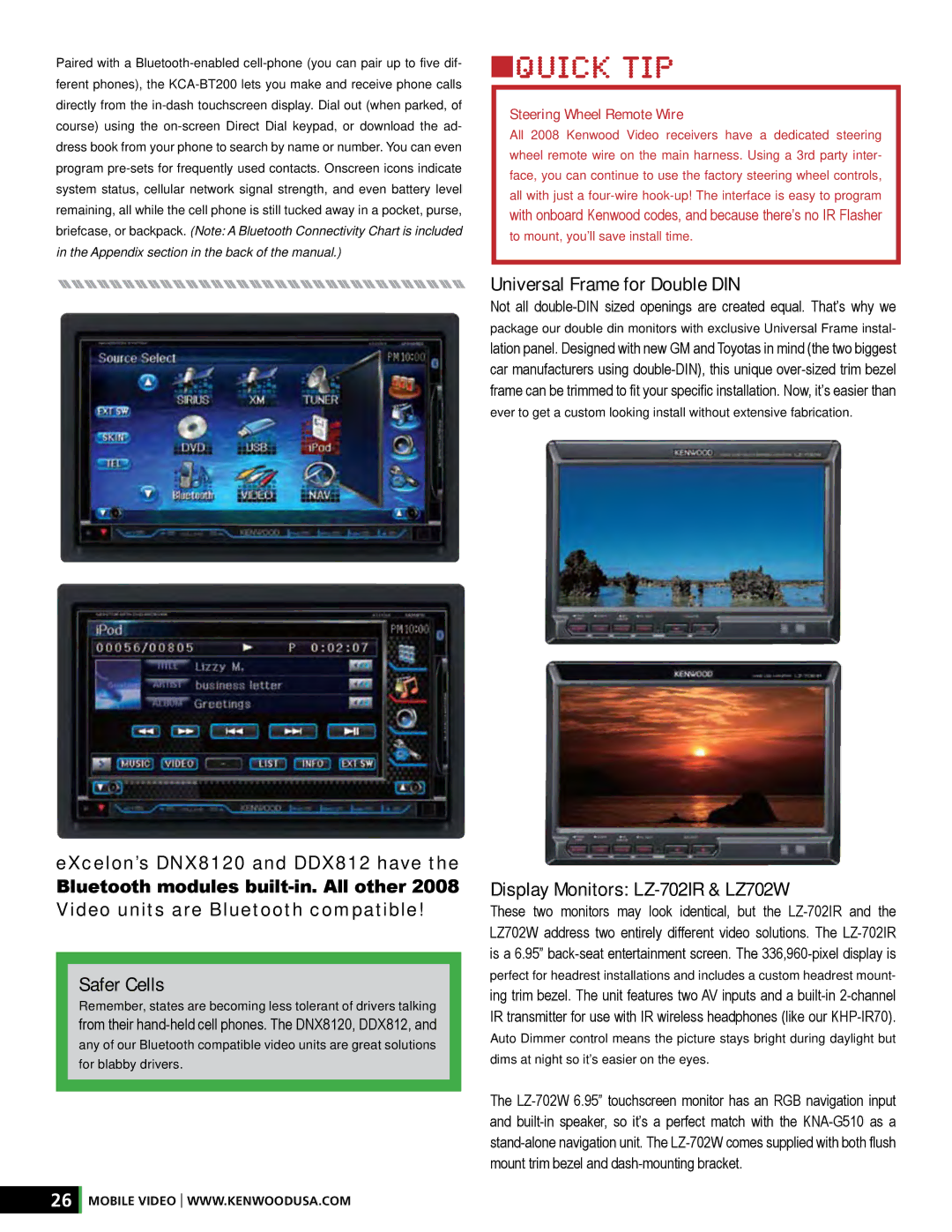 Kenwood XR-S17P manual Safer Cells, Universal Frame for Double DIN, Display Monitors LZ-702IR & LZ702W 