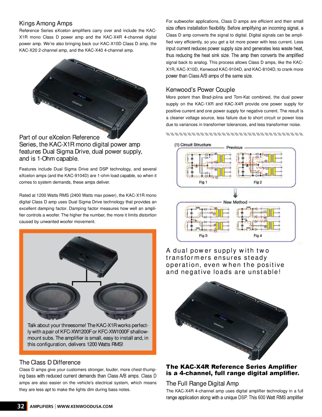 Kenwood XR-S17P manual Kings Among Amps, Kenwood’s Power Couple, Class D Difference, Full Range Digital Amp 