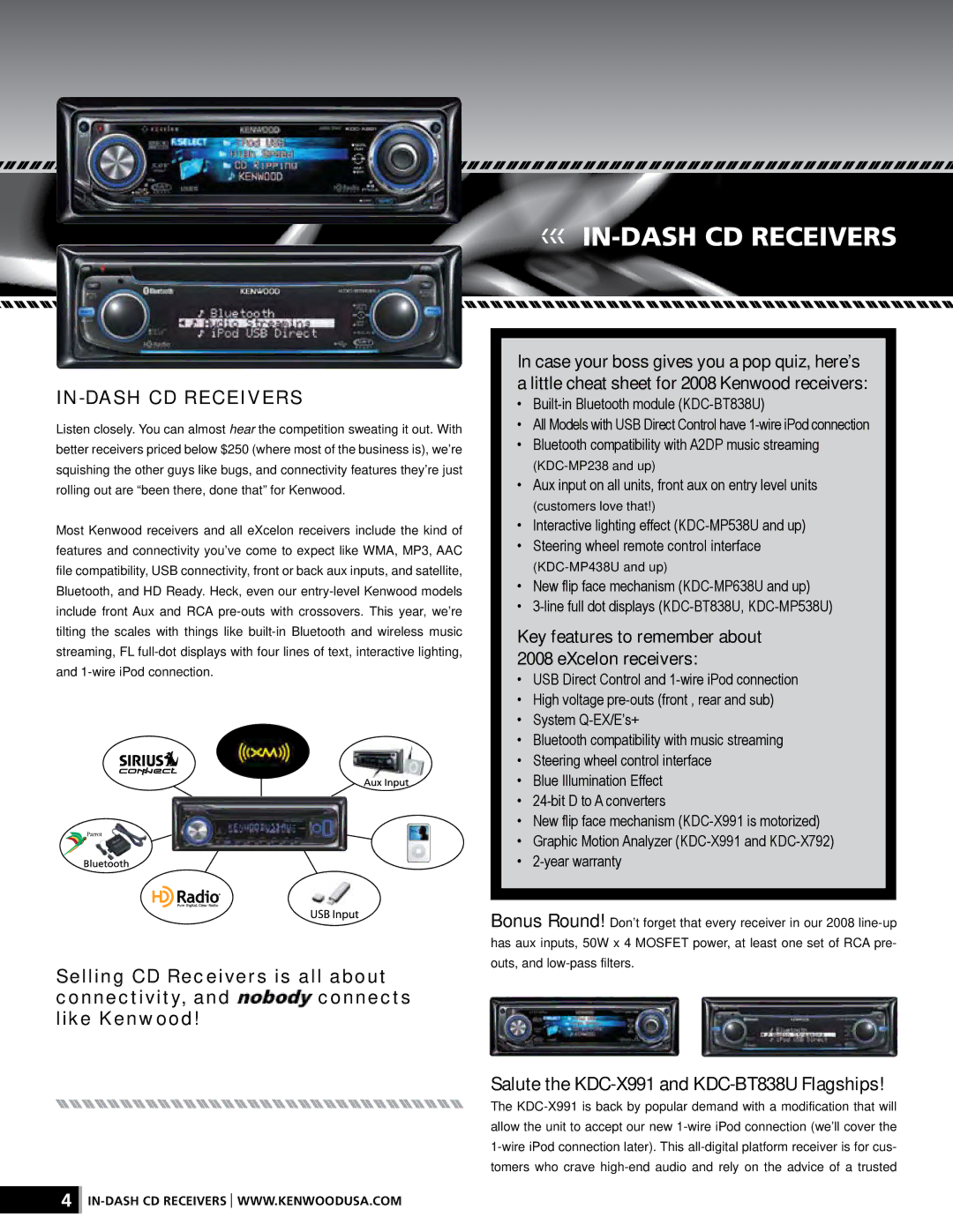 Kenwood XR-S17P manual Key features to remember about EXcelon receivers, Salute the KDC-X991 and KDC-BT838U Flagships 