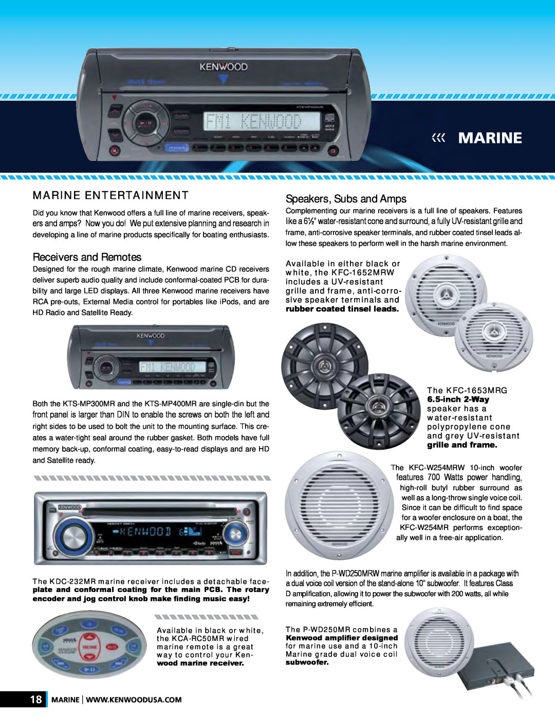 Kenwood XR-S17P manual Receivers and Remotes, Speakers, Subs and Amps, Marine Entertainment 