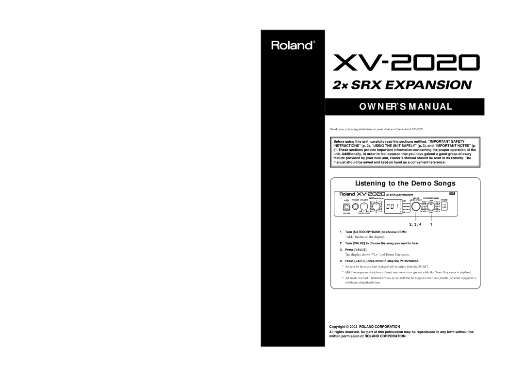 Kenwood XV-2020 owner manual Turn CATEGORY/BANK to choose Demo, Turn Value to choose the song you want to hear Press Value 