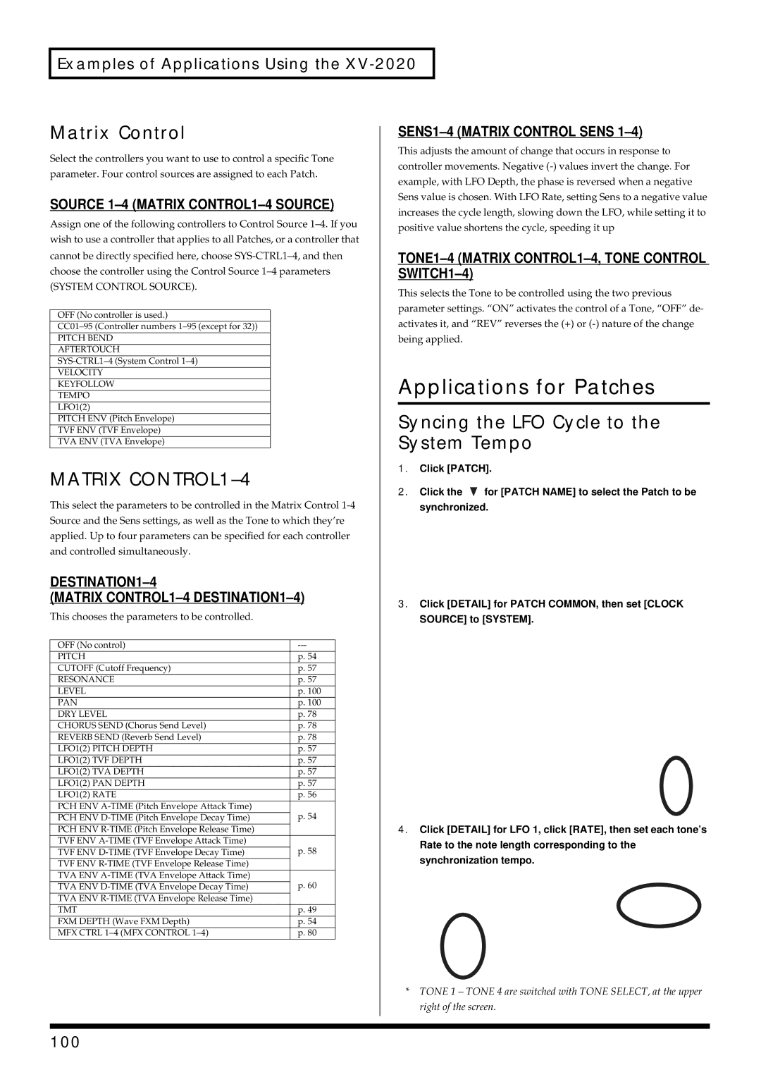 Kenwood XV-2020 Applications for Patches, Matrix Control, Matrix CONTROL1-4, Syncing the LFO Cycle to the System Tempo 