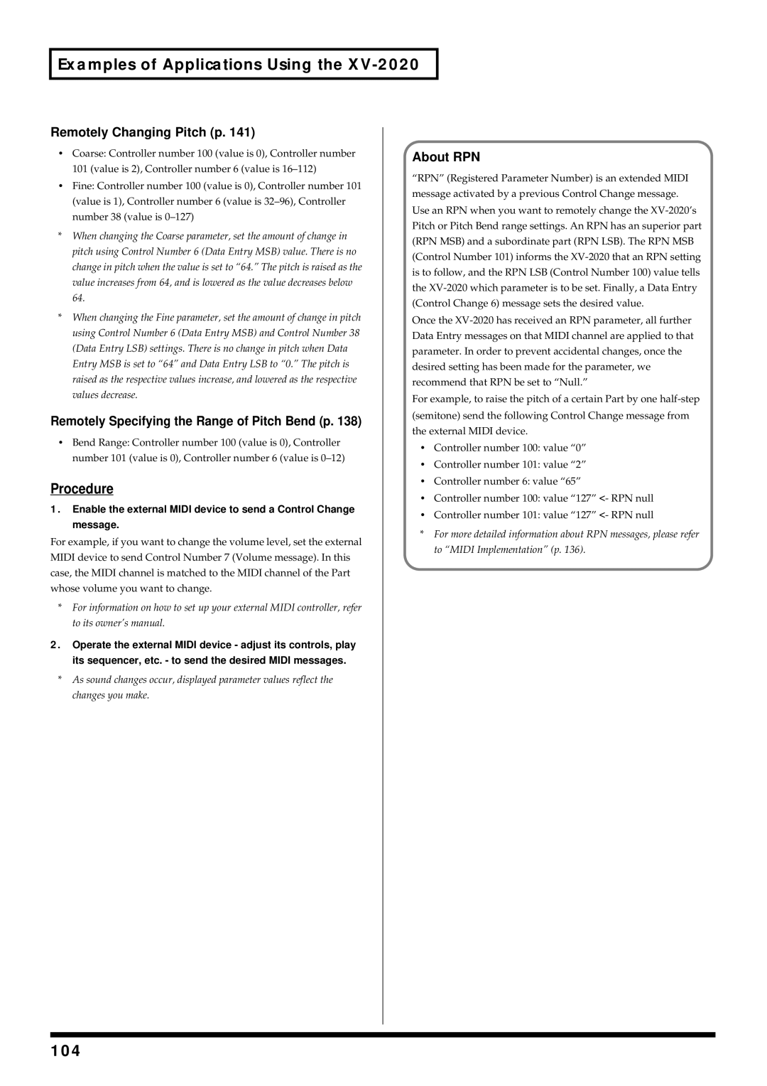 Kenwood XV-2020 owner manual 104, Remotely Changing Pitch p, Remotely Specifying the Range of Pitch Bend p, About RPN 