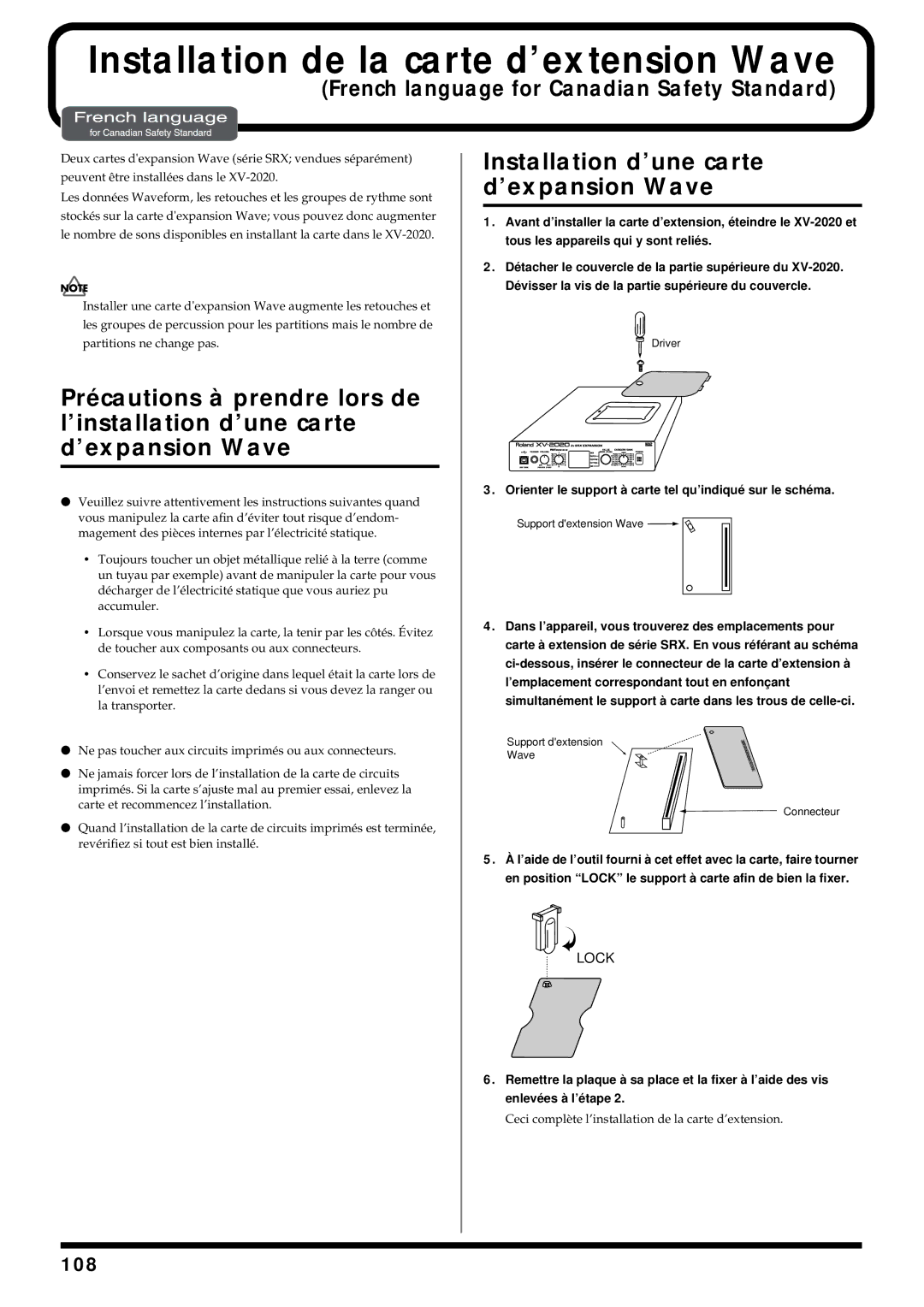 Kenwood XV-2020 owner manual Installation de la carte d’extension Wave, French language for Canadian Safety Standard, 108 