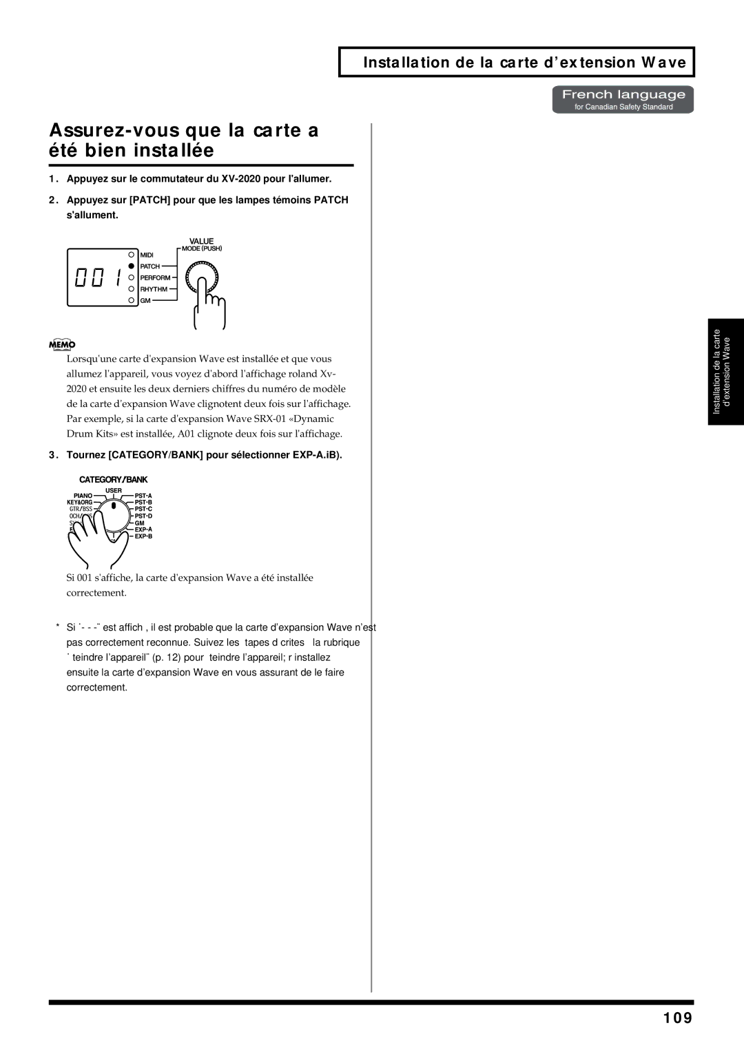 Kenwood XV-2020 Installation de la carte d’extension Wave, 109, Tournez CATEGORY/BANK pour sélectionner EXP-A.iB 