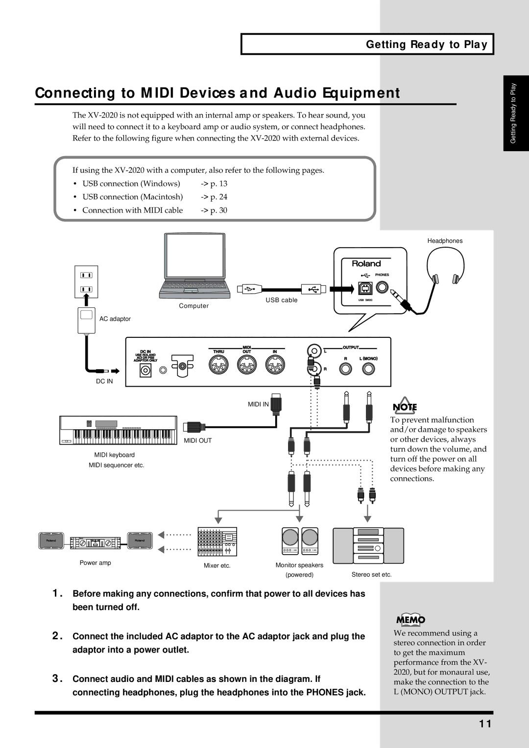 Kenwood XV-2020 owner manual Connecting to Midi Devices and Audio Equipment, Getting Ready to Play 