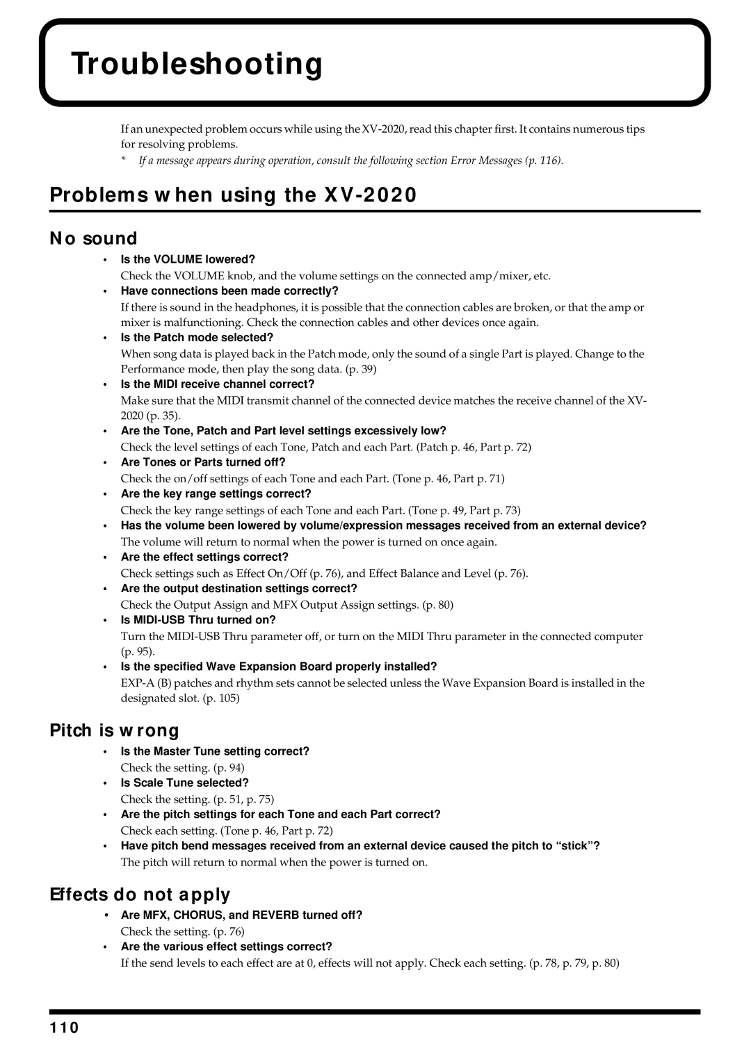 Kenwood XV-2020 owner manual Troubleshooting, Problems when using, No sound, Pitch is wrong, Effects do not apply 