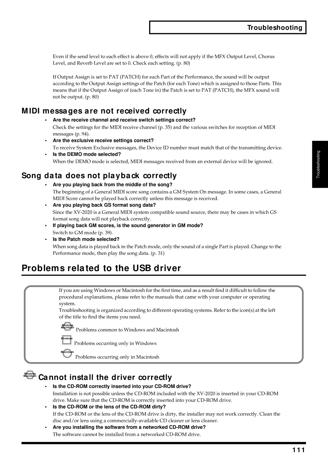 Kenwood XV-2020 owner manual Problems related to the USB driver, Midi messages are not received correctly 