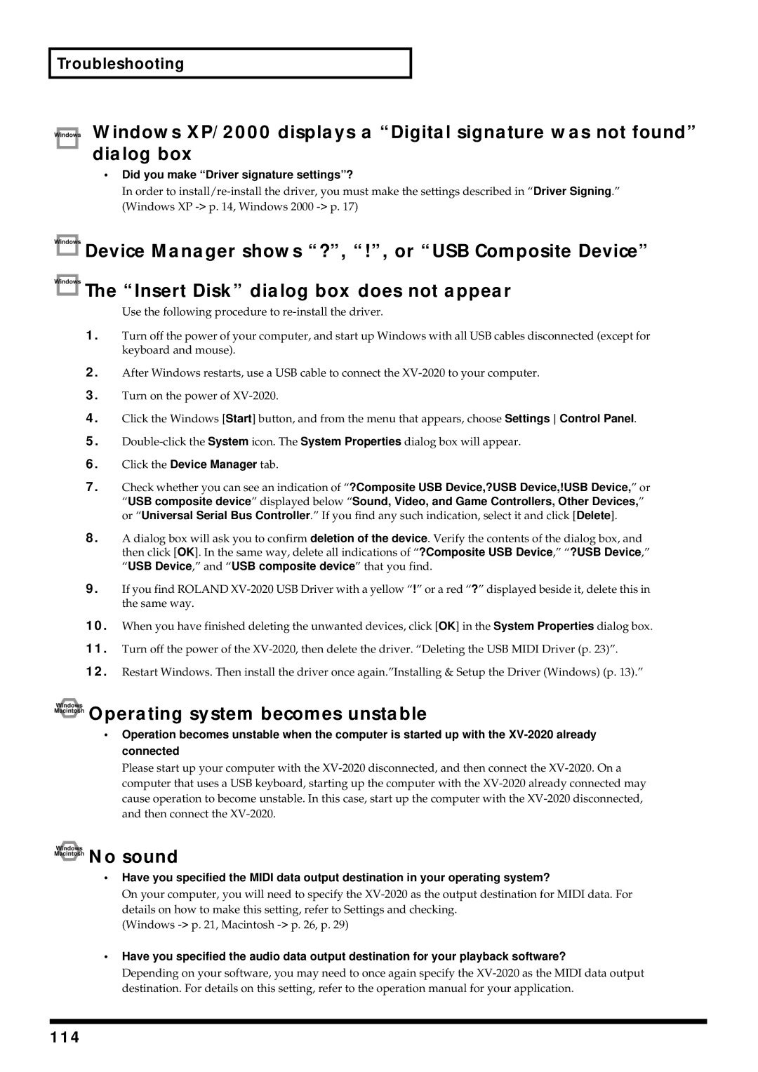 Kenwood XV-2020 owner manual Operating system becomes unstable, 114, Did you make Driver signature settings? 