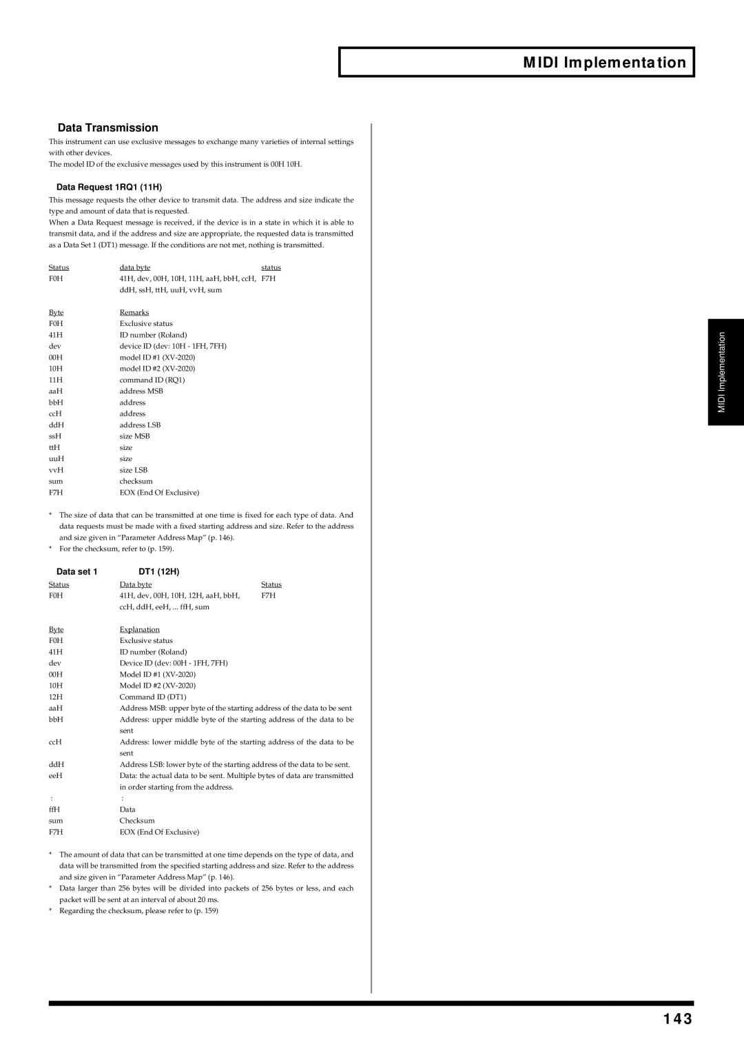 Kenwood XV-2020 owner manual 143, Data Transmission, Data Request 1RQ1 11H, Data set DT1 12H 