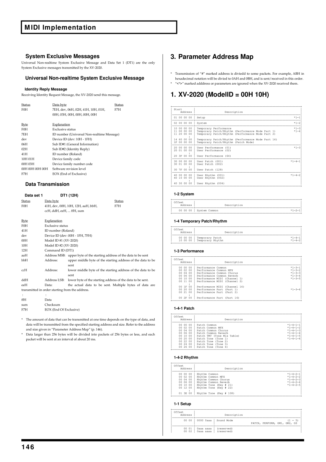 Kenwood owner manual Parameter Address Map, XV-2020 ModelID = 00H 10H, 146, System Exclusive Messages 