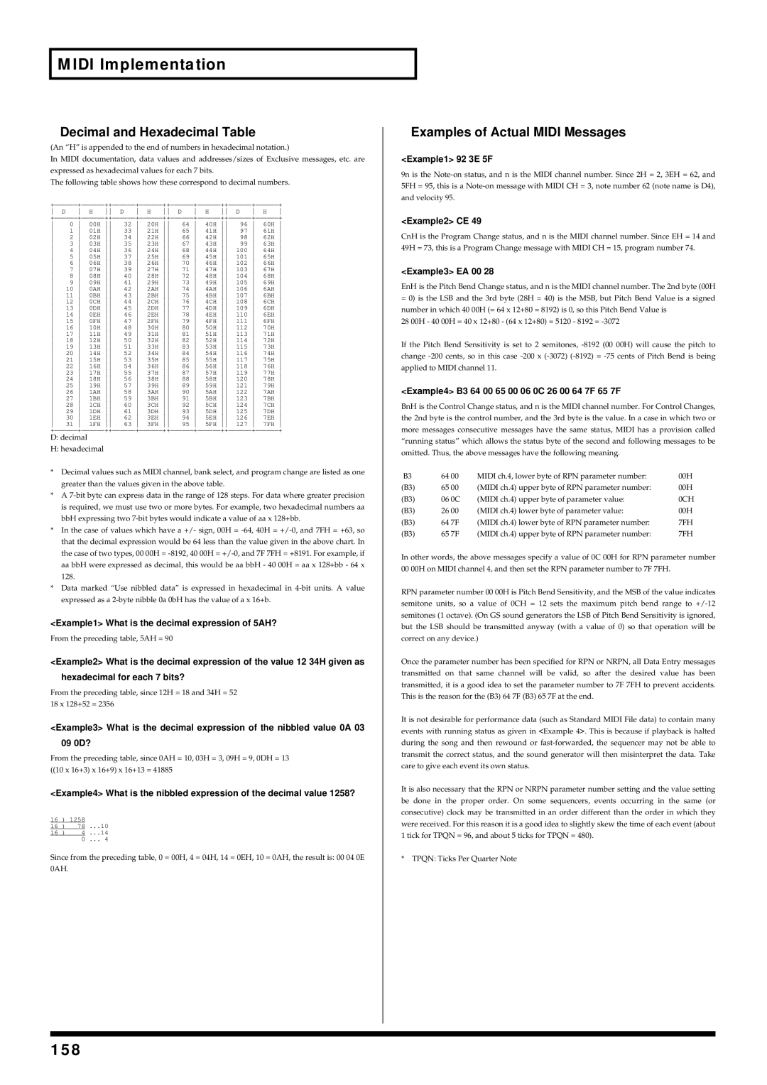 Kenwood XV-2020 owner manual 158, Decimal and Hexadecimal Table, Examples of Actual Midi Messages 