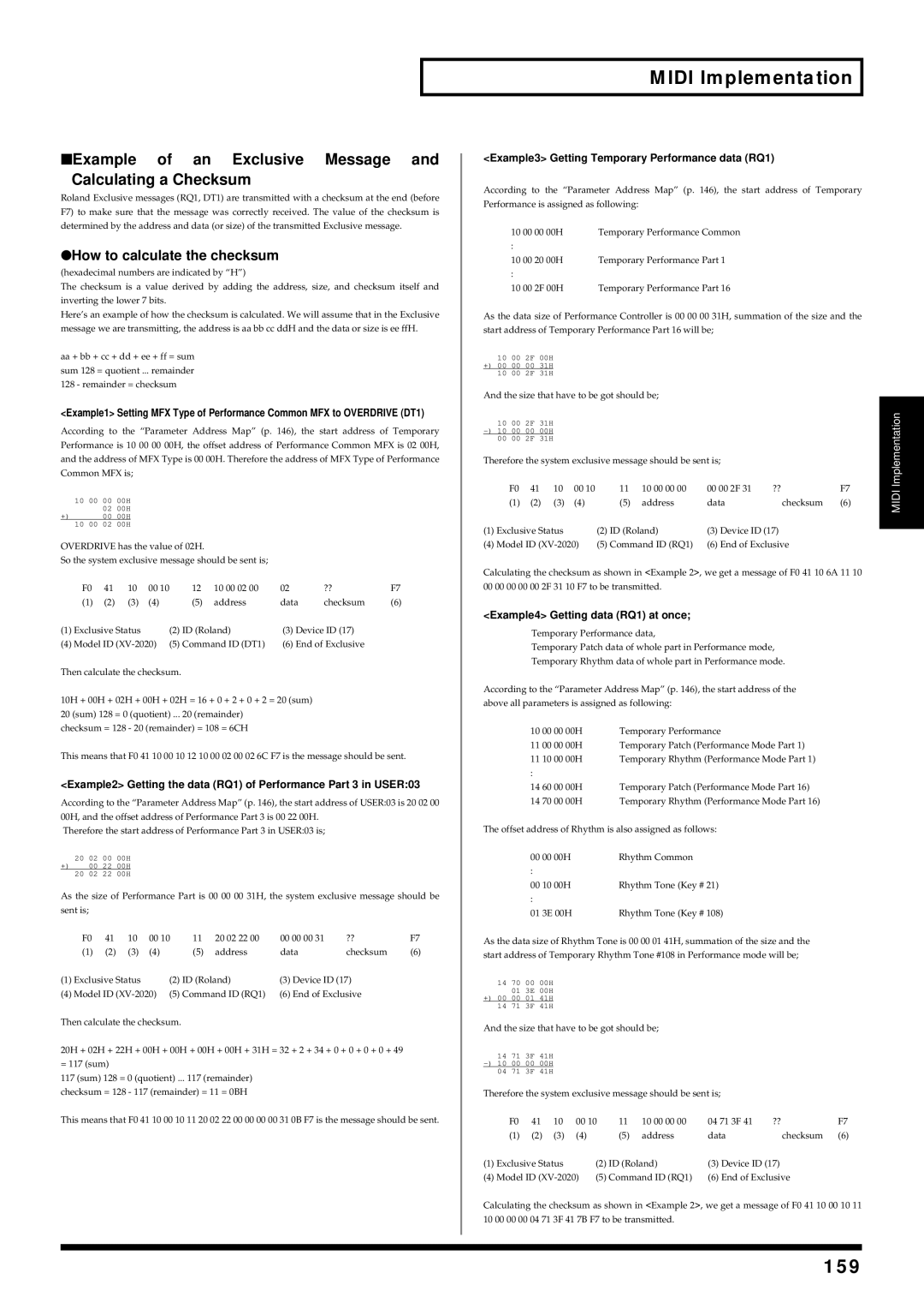 Kenwood XV-2020 owner manual 159, Example of an Exclusive Message Calculating a Checksum, How to calculate the checksum 