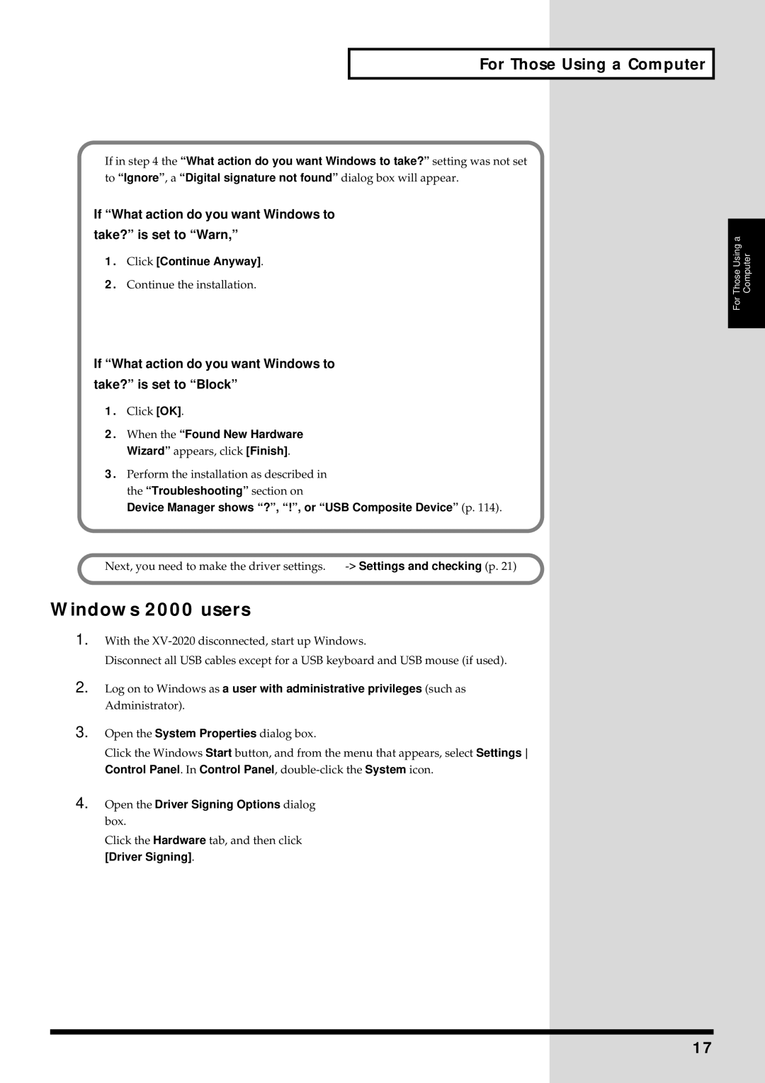 Kenwood XV-2020 owner manual Windows 2000 users, If What action do you want Windows to Take? is set to Warn 