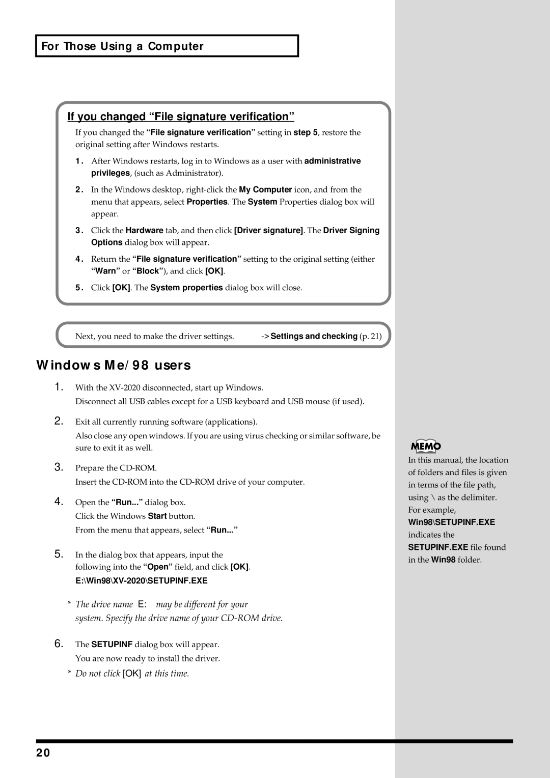 Kenwood owner manual Windows Me/98 users, Warn or Block, and click OK, Win98\XV-2020\SETUPINF.EXE, Win98\SETUPINF.EXE 