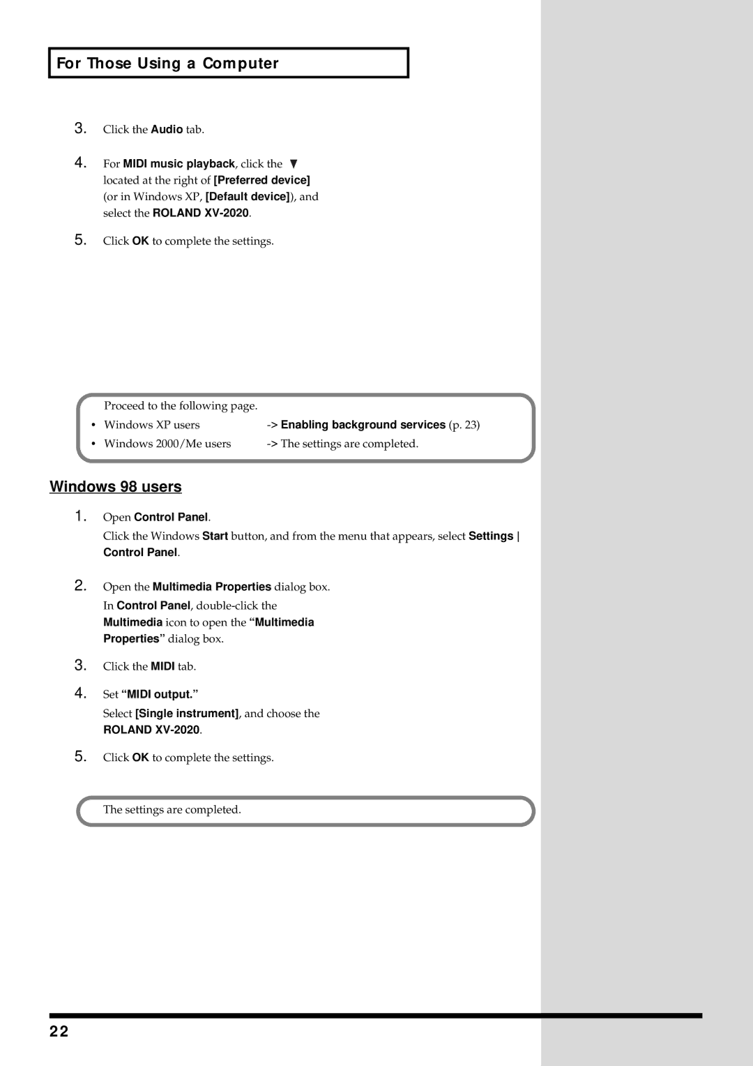 Kenwood XV-2020 owner manual Windows 98 users, Enabling background services p, Control Panel, Set Midi output 