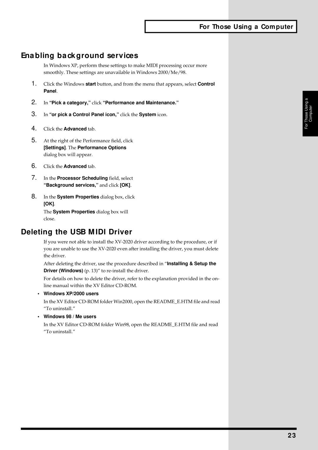 Kenwood XV-2020 Enabling background services, Deleting the USB Midi Driver, Windows XP/2000 users, Windows 98 / Me users 