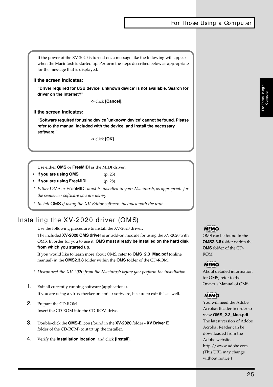 Kenwood Installing the XV-2020 driver OMS, If the screen indicates, If you are using OMS If you are using FreeMIDI 