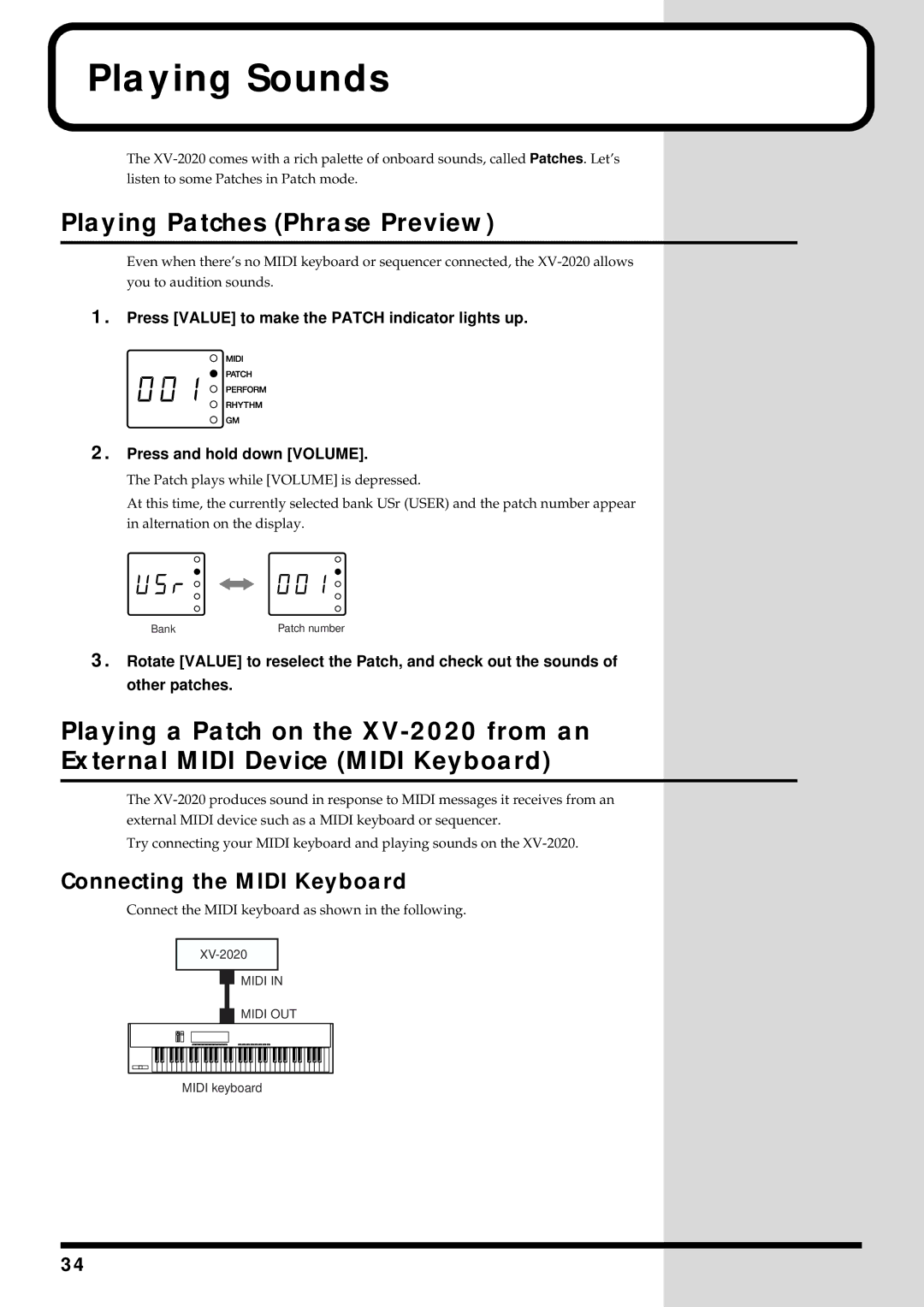 Kenwood XV-2020 owner manual Playing Sounds, Playing Patches Phrase Preview, Connecting the Midi Keyboard 