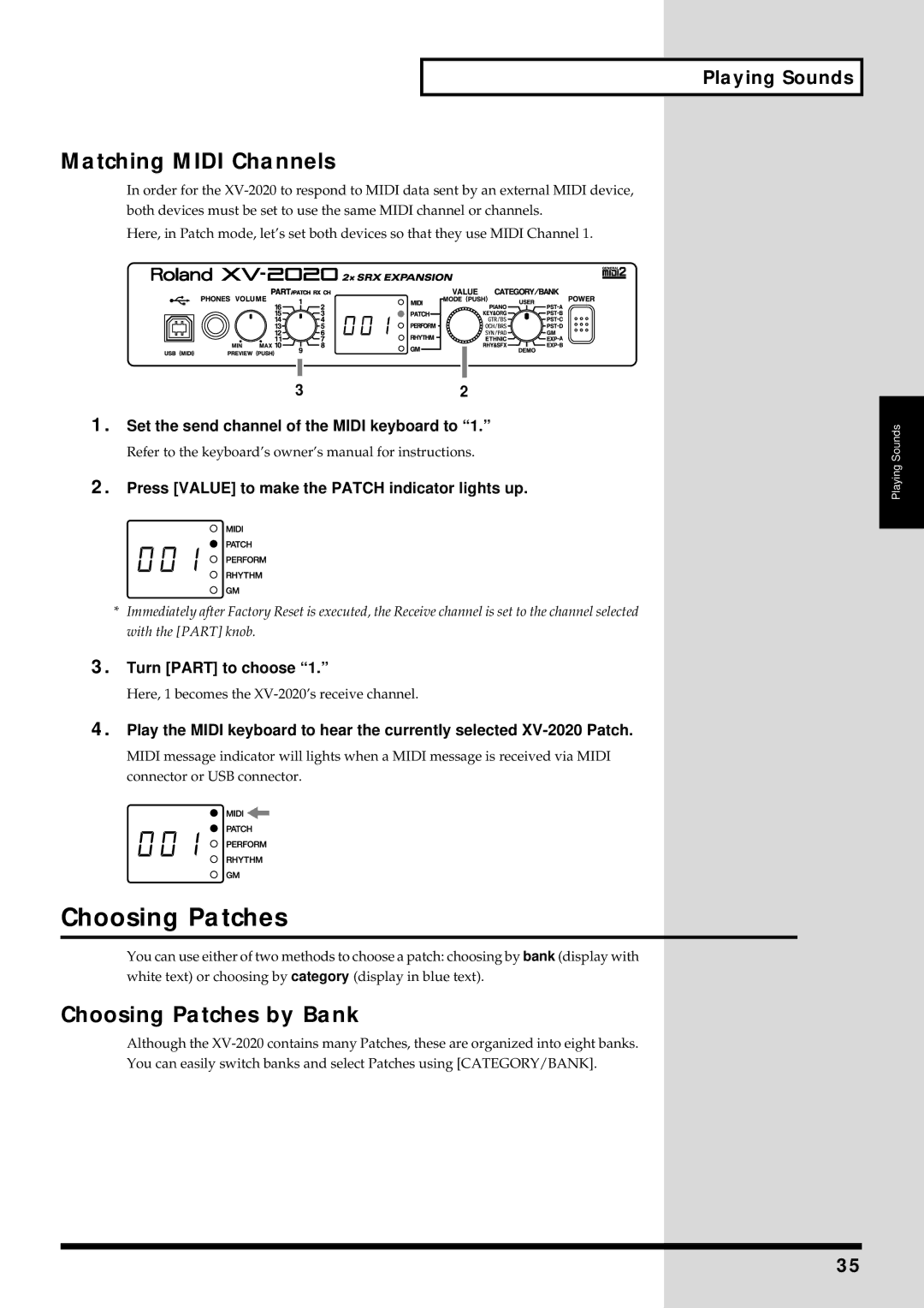 Kenwood XV-2020 owner manual Matching Midi Channels, Choosing Patches by Bank, Playing Sounds, Turn Part to choose 