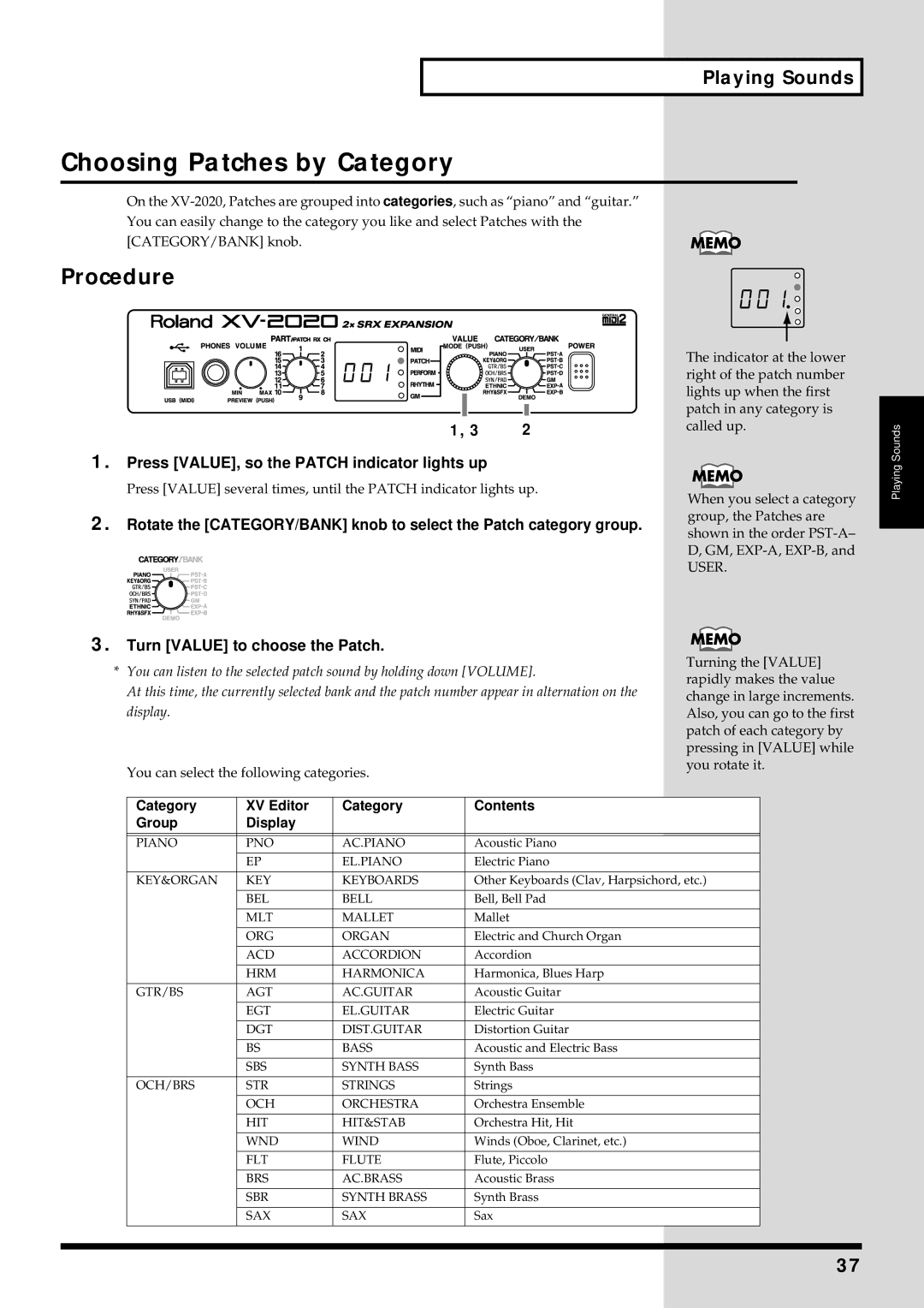 Kenwood XV-2020 owner manual Choosing Patches by Category, Press VALUE, so the Patch indicator lights up 