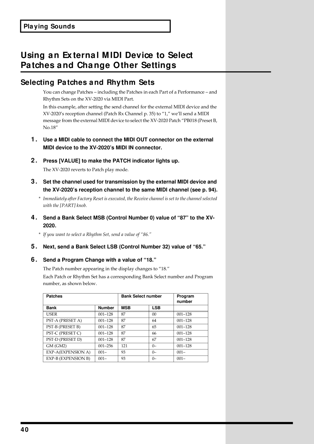 Kenwood XV-2020 owner manual Selecting Patches and Rhythm Sets, Patches Bank Select number Program Number 