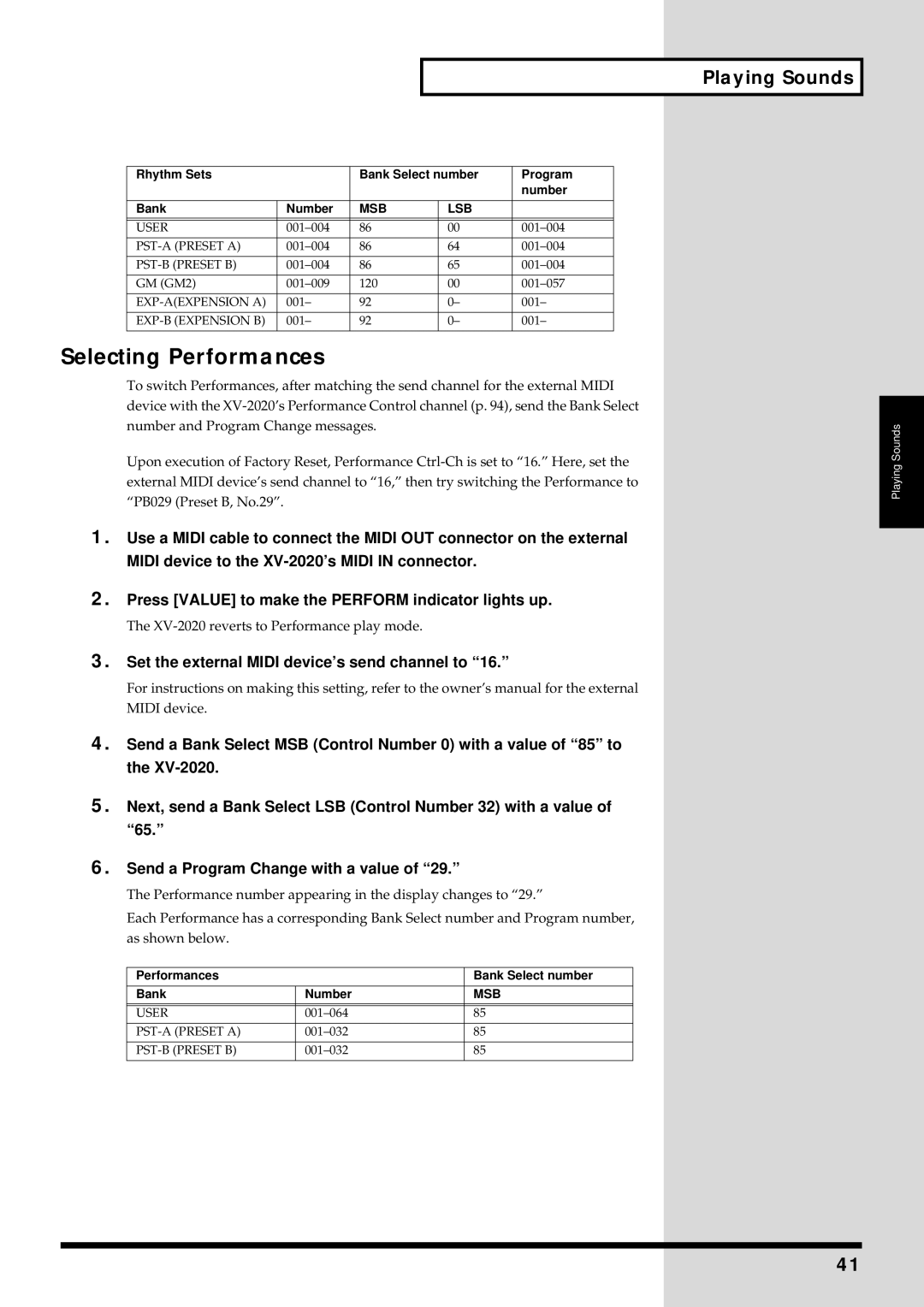 Kenwood XV-2020 owner manual Selecting Performances, Rhythm Sets Bank Select number Program Number 