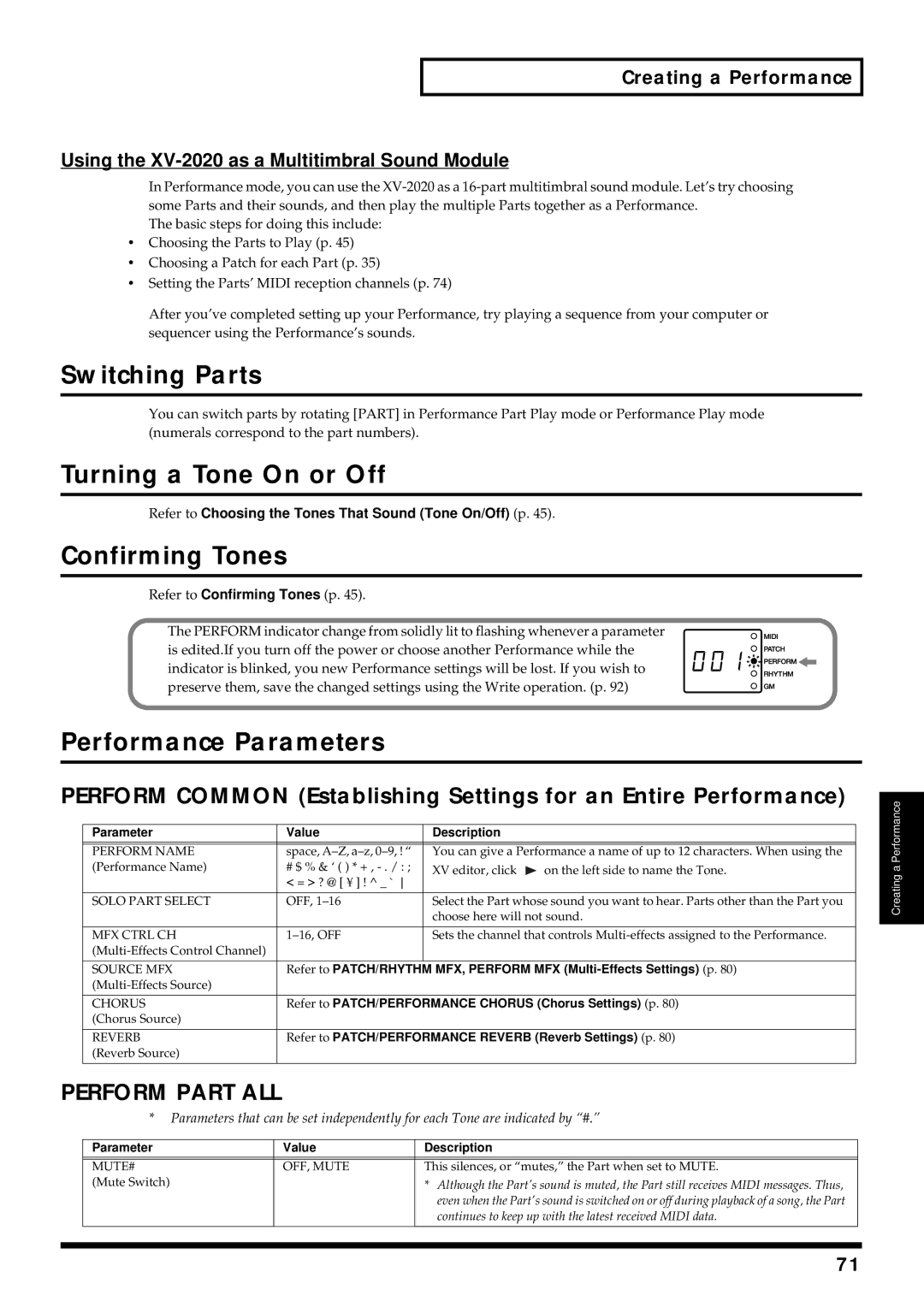 Kenwood XV-2020 owner manual Switching Parts, Turning a Tone On or Off, Performance Parameters, Perform Part ALL 