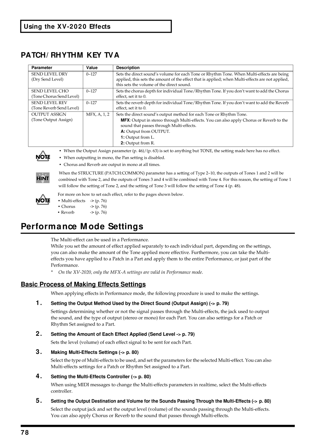 Kenwood XV-2020 Performance Mode Settings, Patch/Rhythm Key Tva, Setting the Amount of Each Effect Applied Send Level p 