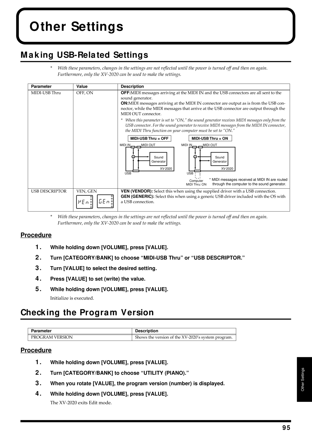 Kenwood XV-2020 owner manual Other Settings, Making USB-Related Settings, Checking the Program Version, Procedure 