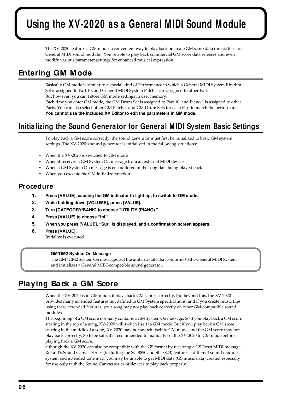 Kenwood XV-2020 owner manual Entering GM Mode, Playing Back a GM Score, GM/GM2 System On Message 