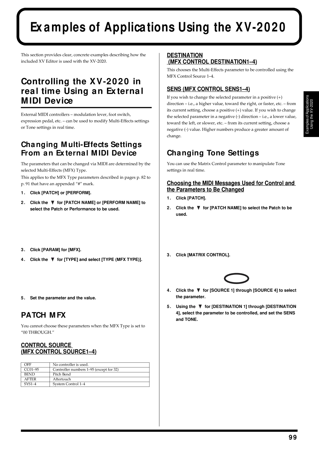 Kenwood XV-2020 Examples of Applications Using, Patch MFX, Changing Tone Settings, Set the parameter and the value 