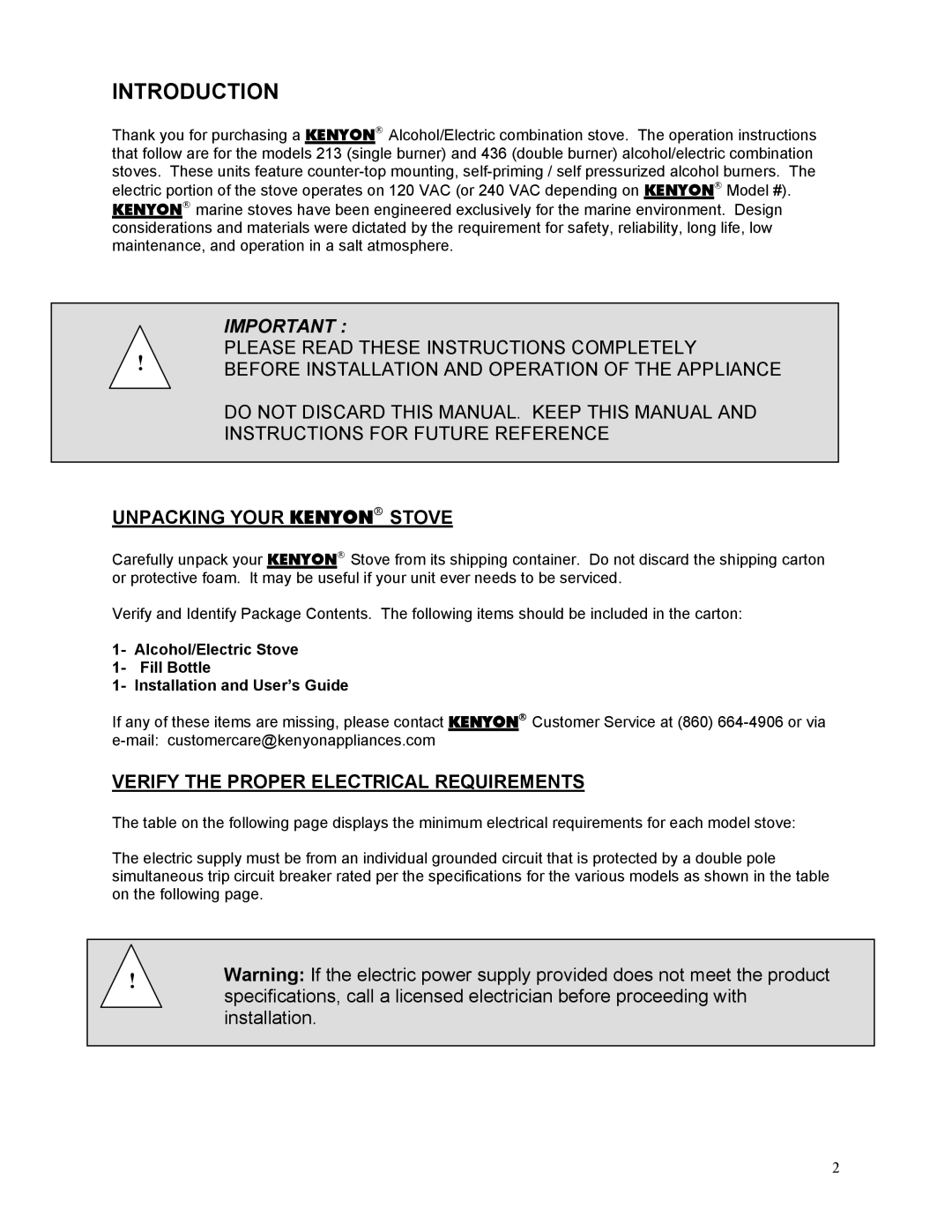 Kenyon 436, 213 manual Unpacking Your KENYON Stove, Verify the Proper Electrical Requirements 