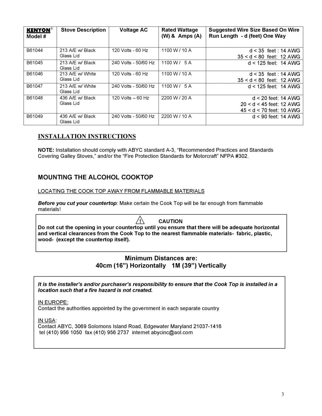 Kenyon 213, 436 manual Mounting the Alcohol Cooktop, Kenyon 