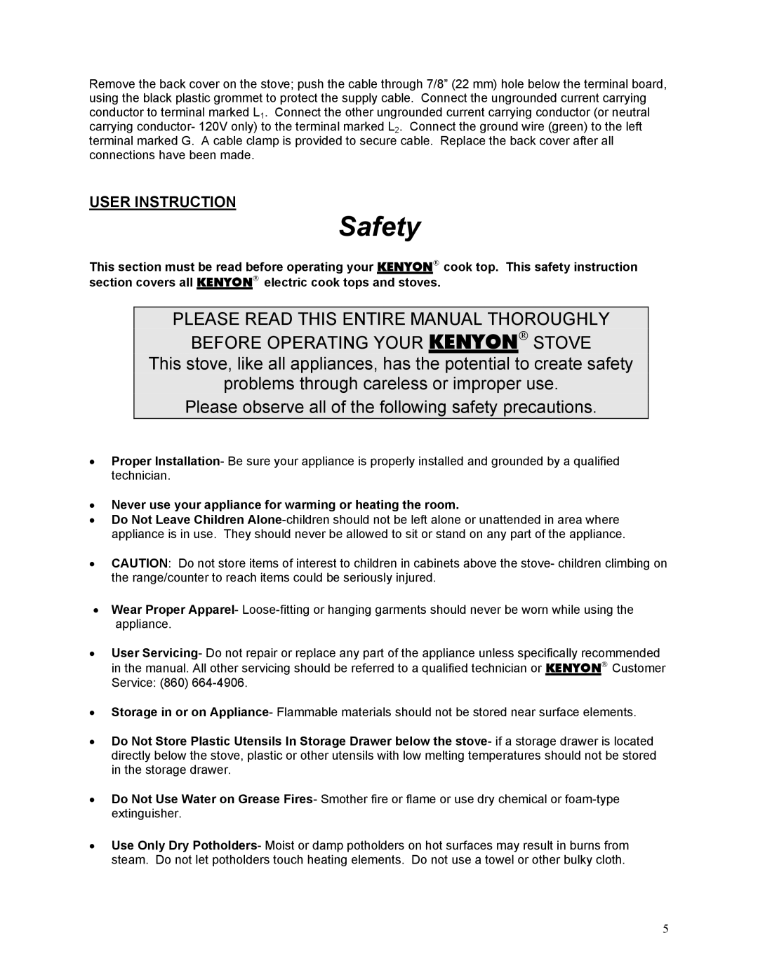 Kenyon 213, 436 manual User Instruction, Never use your appliance for warming or heating the room 