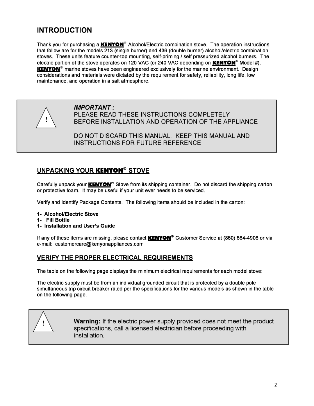 Kenyon 436, 213 manual Introduction, Unpacking Your Kenyon Stove, Verify The Proper Electrical Requirements 