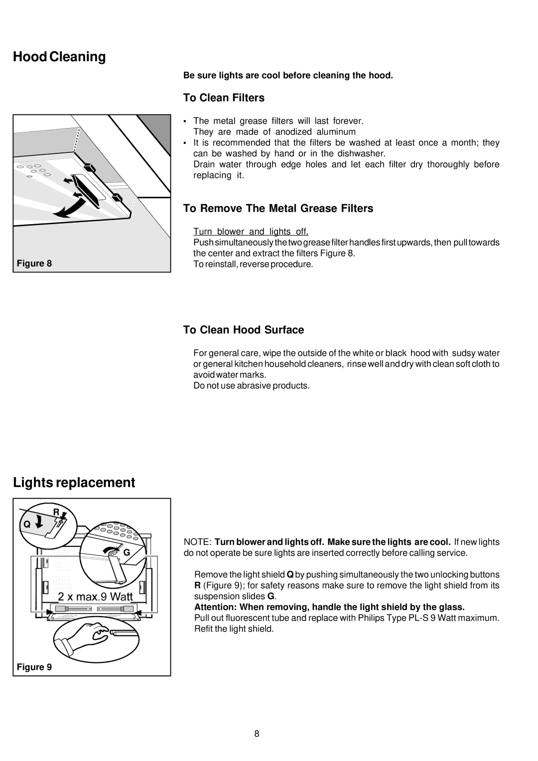 Kenyon B81200 Series manual To Clean Filters, To Remove The Metal Grease Filters, To Clean Hood Surface 