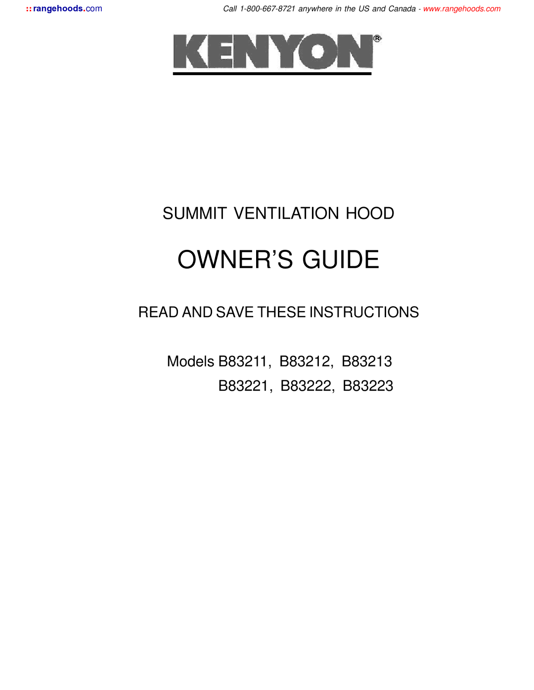 Kenyon B83221, B83212, B83211, B83223, B83222, B83213 manual OWNER’S Guide 