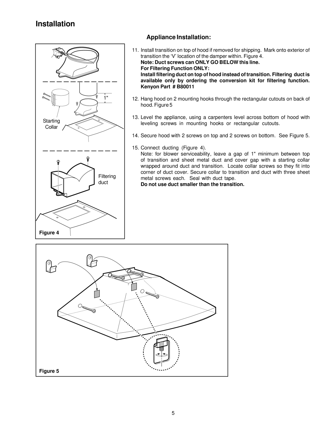 Kenyon B83213, B83212, B83221, B83211, B83223, B83222 manual Appliance Installation 